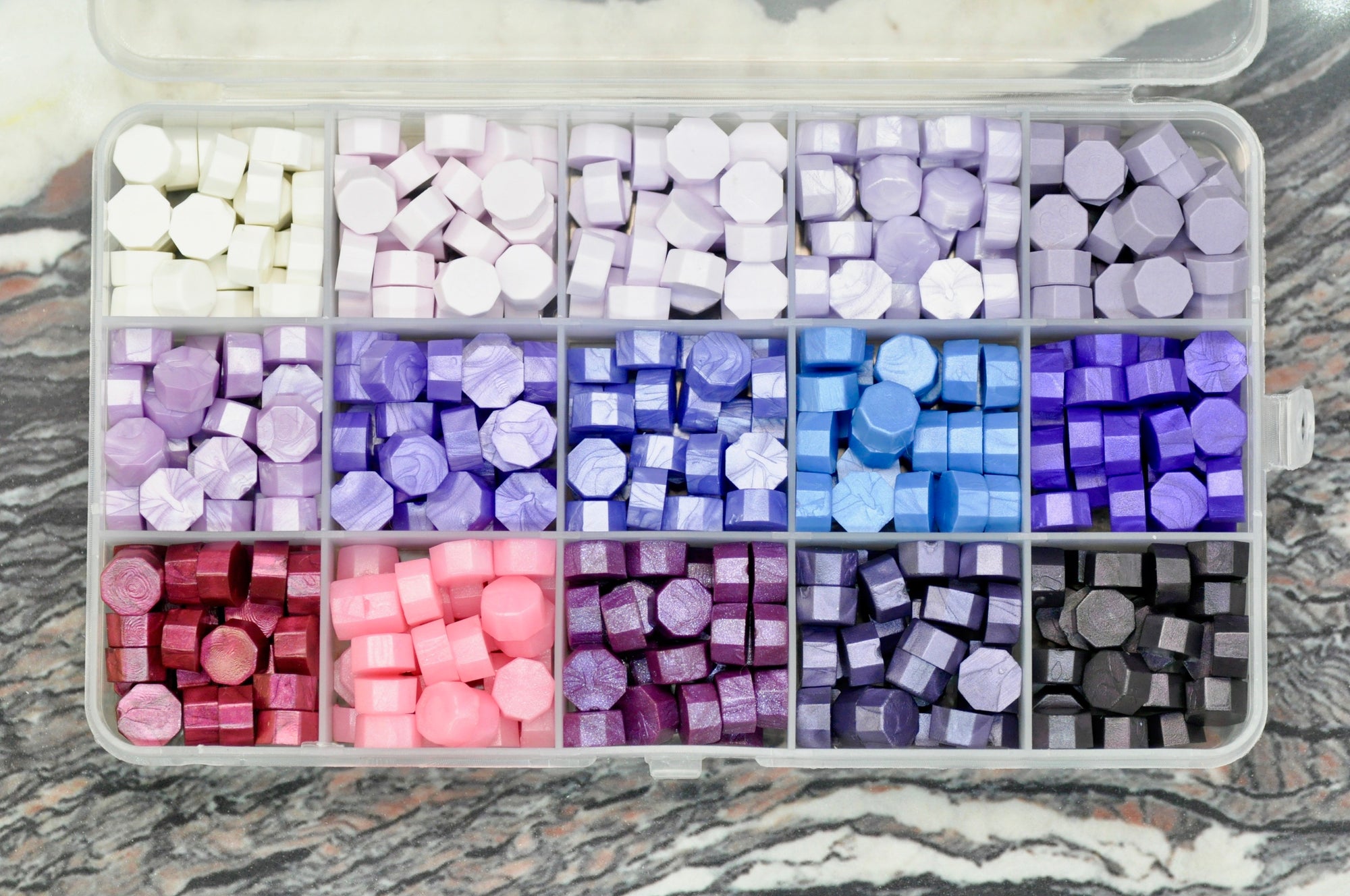 Sealing Wax Beads 15 Grids Palette | Shades of Purple - Backtozero B20 - 15 grid, 15grid, Lavender, light purple, metallic lavender, metallic purple, newarrivals, octagon bead, palette, Purple, sealing wax, Wax Beads