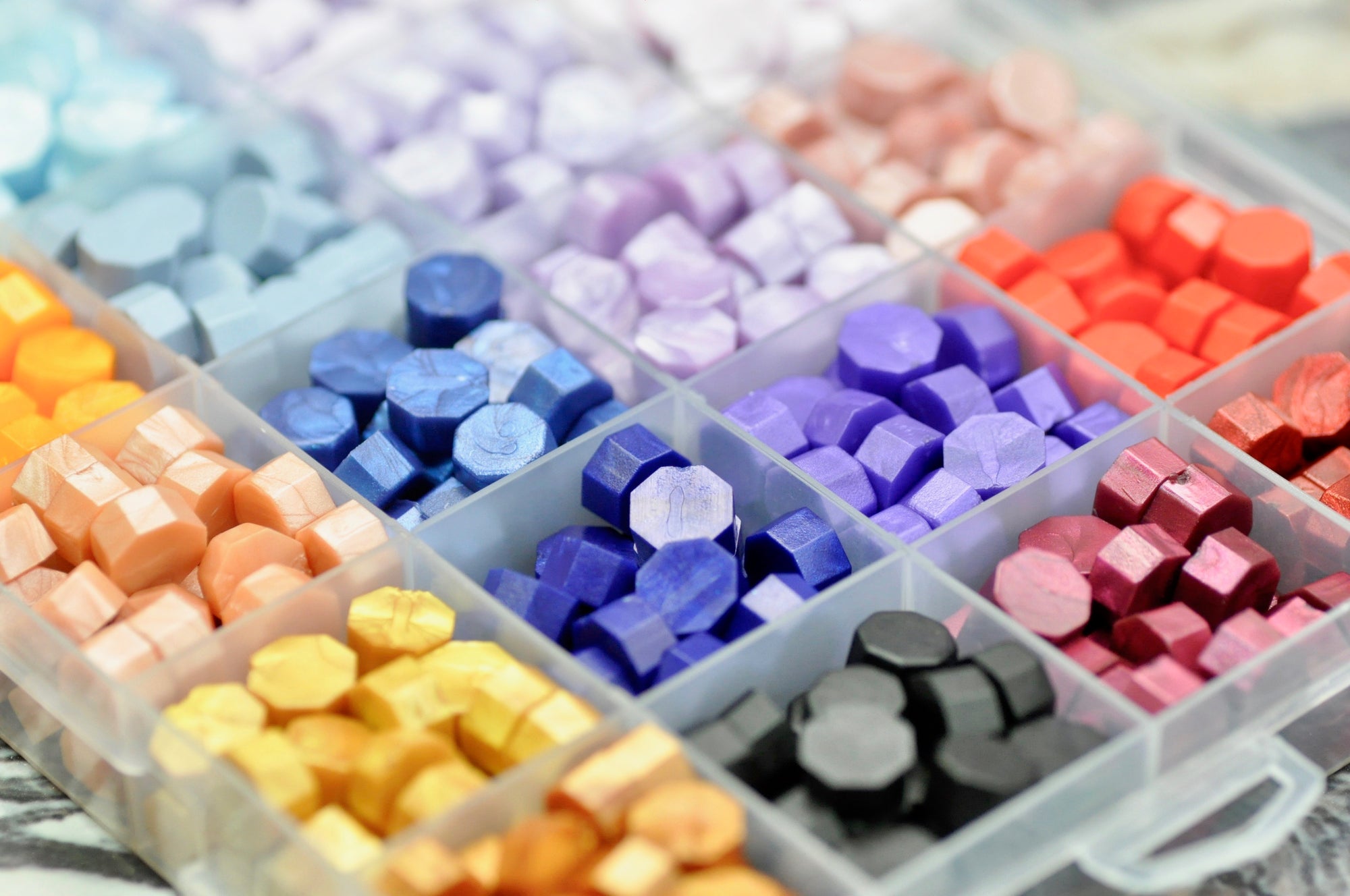 Sealing Wax Beads 24 Grids Palette | Fantasy Clouds - Backtozero B20 - 24 grid, 24grid, blue, Lavender, Metallic, newarrivals, octagon bead, palette, Purple, Red, sealing wax, Wax Beads, Yellow