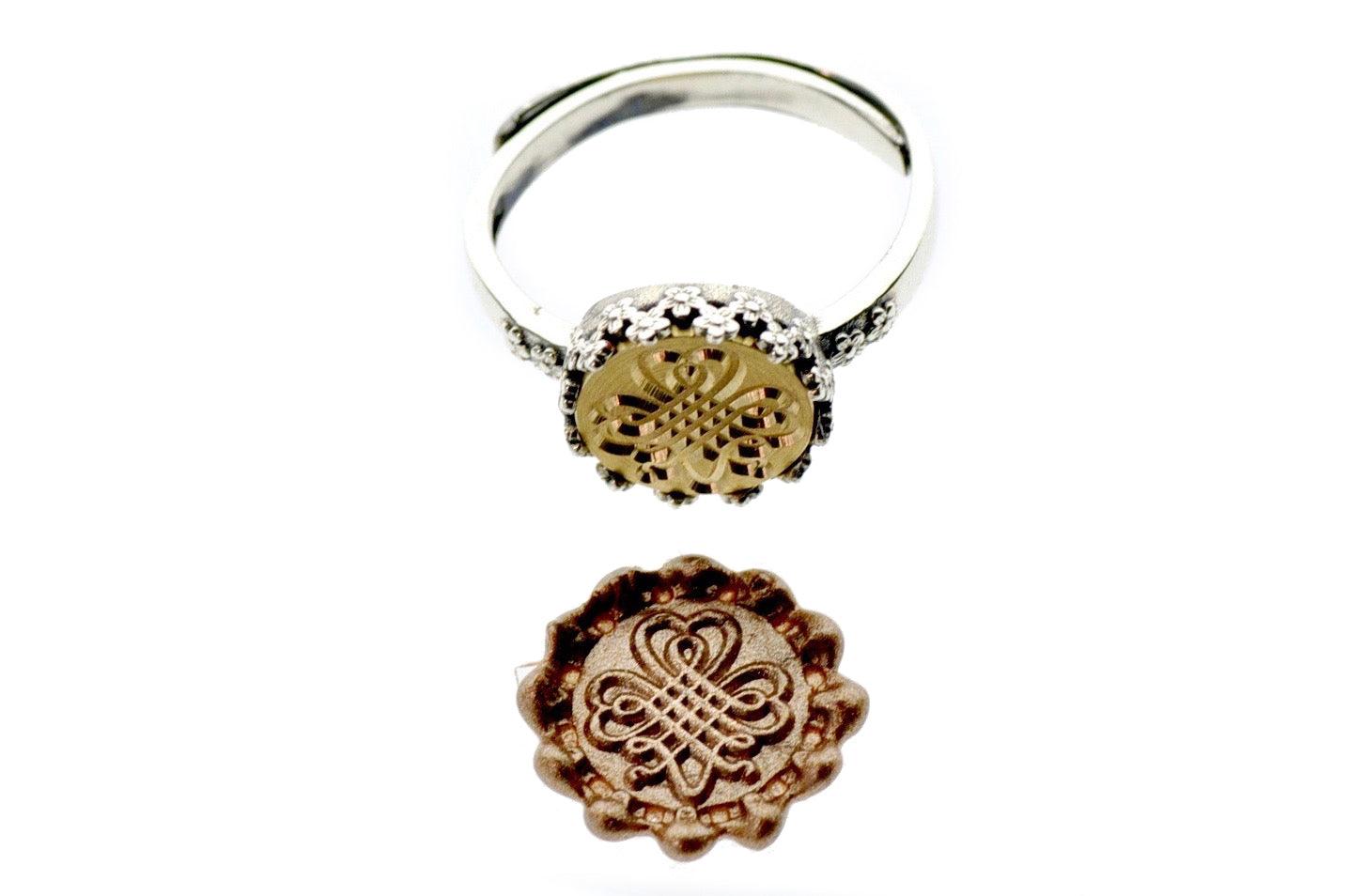 Shamrock Signet Ring - Backtozero B20 - 10fc, 10mm, 10mm ring, accessory, Champagne Gold, Clover, floral, Flower, her, jewelry, luck, Lucky, ring, seal, seal ring, signet ring, size 6, size 7, size 8, wax seal, wax seal ring, wax seal stamp, wreath