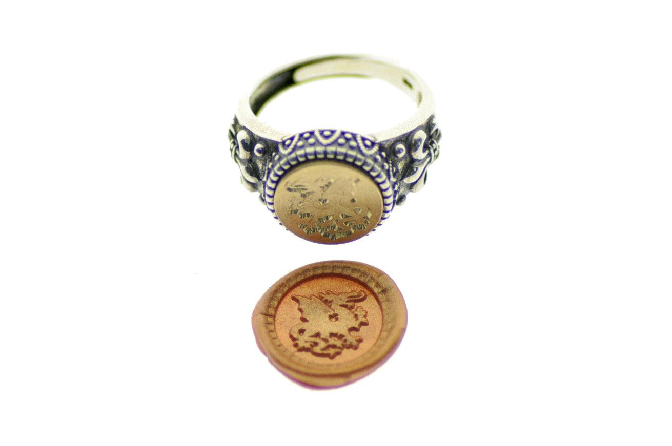 Heraldic Dragon Signet Ring - Backtozero B20 - 12f, 12mm, 12mm ring, accessory, Dragon, Fleur de Lis, Heraldic, him, jewelry, Mythical Creatures, ring, signet ring, size 10, size 11, size 8, size 9, wax seal, wax seal ring, wax seal stamp