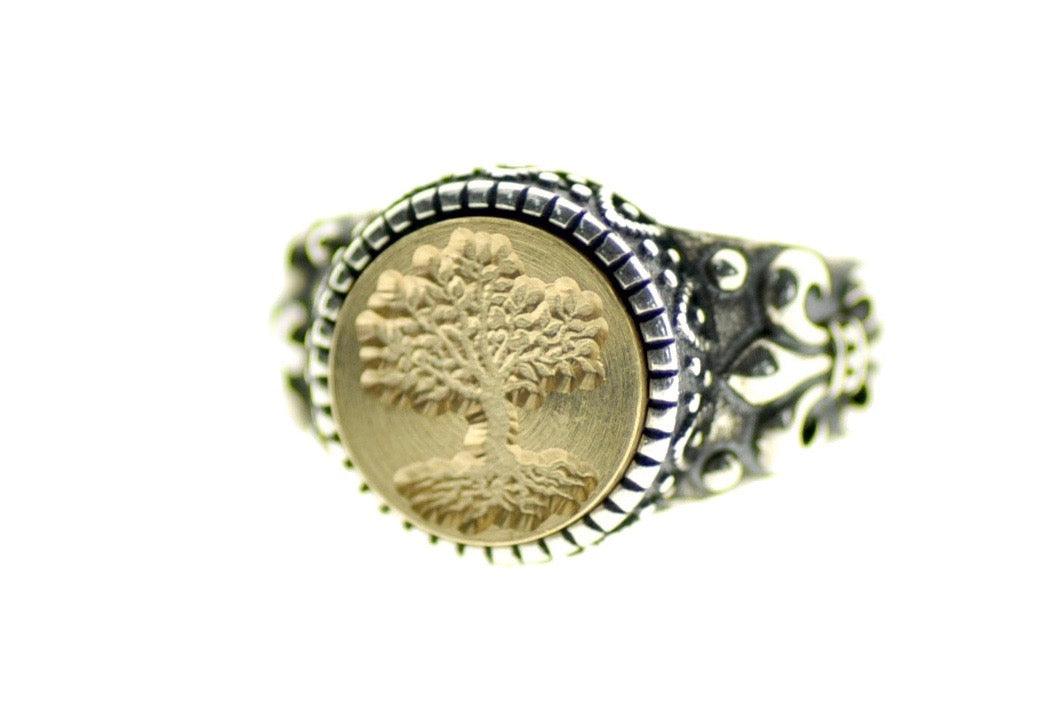Tree of Life Signet Ring - Backtozero B20 - 12f, 12mm, 12mm ring, accessory, Botanical, Fleur de Lis, him, jewelry, Nature, Plant, ring, signet ring, size 10, size 11, size 8, size 9, Tree, wax seal, wax seal ring, wax seal stamp