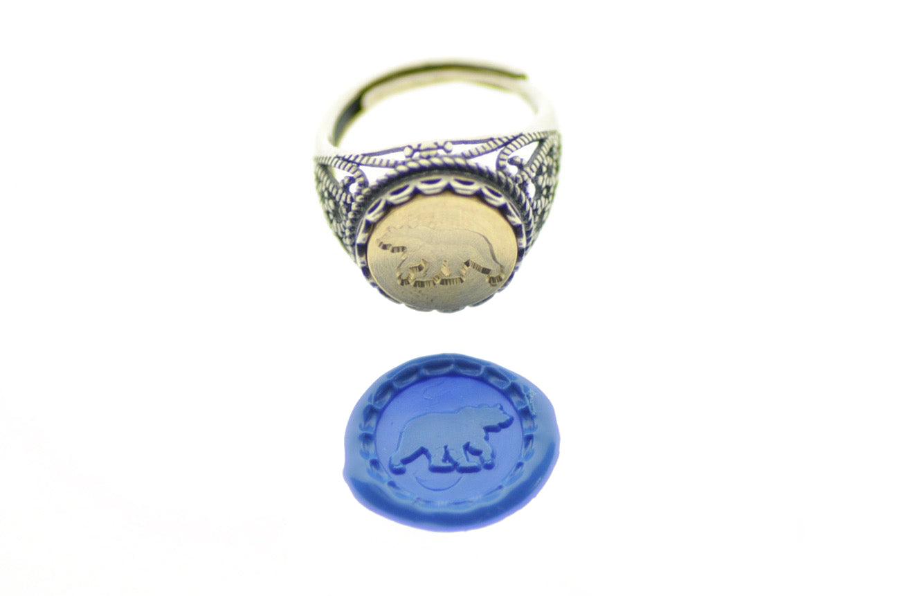 Bear Signet Ring - Backtozero B20 - 12l, 12mm, 12mm ring, Animal, Bear, Grizzly Bear, her, lace, ring, signet ring, size 10, size 7, size 8, size 9, wax seal, wax seal ring