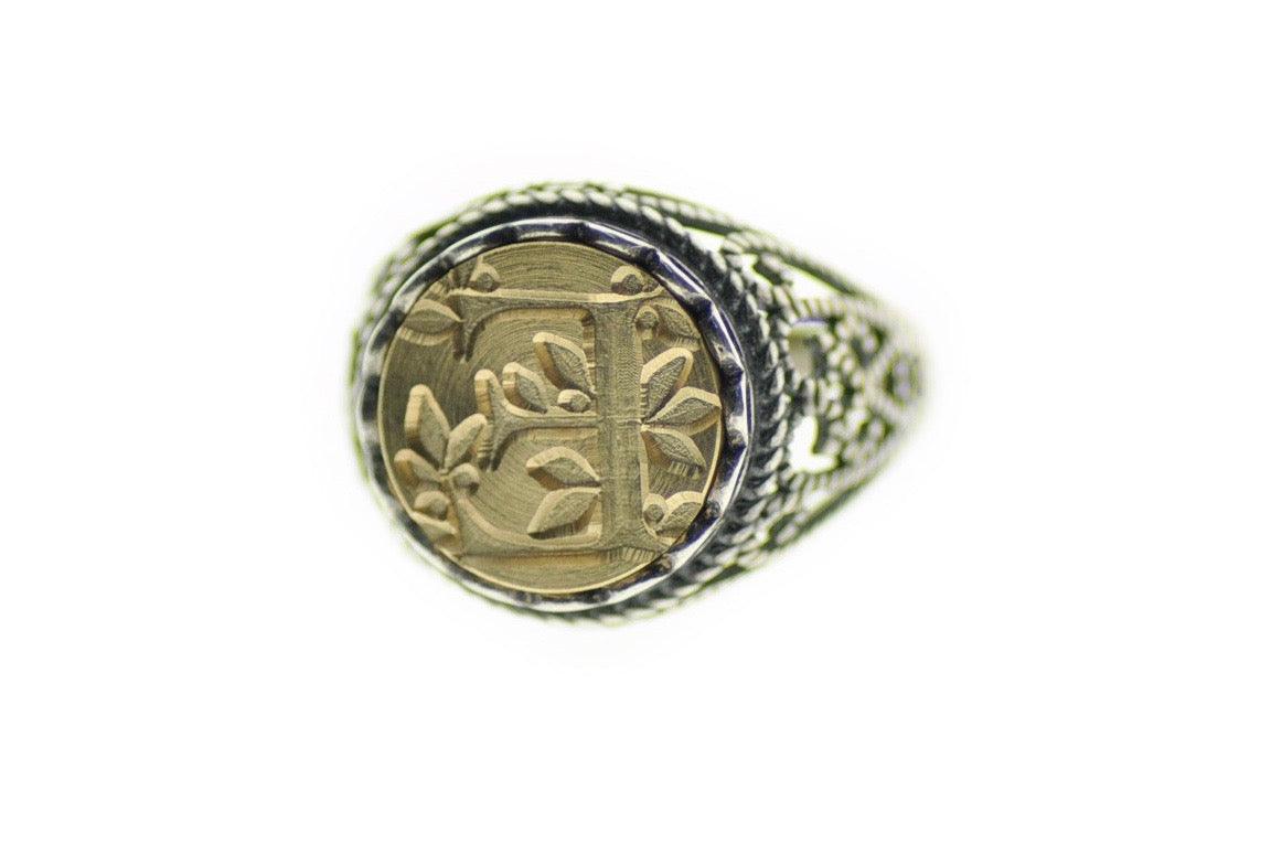 Leafy Initial Signet Ring - Backtozero B20 - 12l, 12mm, 12mm ring, 1initial, accessory, Botanical, Custom, custom ring, Fleur de Lis, her, Initial, jewelry, lace, Leaf, Nature, One Initial, Personalized, ring, signet ring, size 10, size 7, size 8, size 9, wax seal, wax seal ring, wax seal stamp, wreath