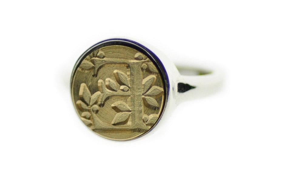 Leafy Initial Signet Ring - Backtozero B20 - 12mm, 12mm ring, 12mn, 1initial, accessory, Custom, custom ring, her, Initial, jewelry, Leaf, Nature, One Initial, Personalized, ring, signet ring, wax seal, wax seal ring, wax seal stamp, wreath