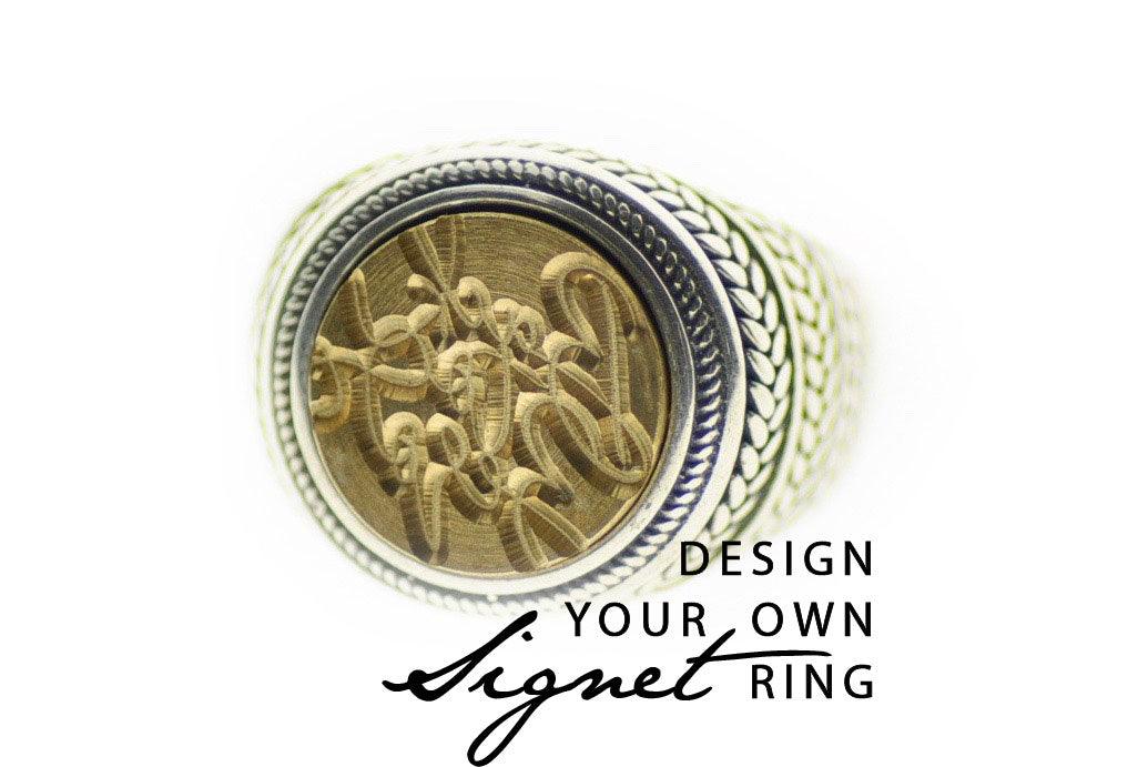 Design your own 12mm Wreath Signet Ring - Backtozero B20 - 12mm, 12mm ring, 12w, bespoke, Custom, customsignet, Design Your Own, him, logo, ring, signet ring, size 10, size 7, size 8, size 9, wax seal, wax seal ring