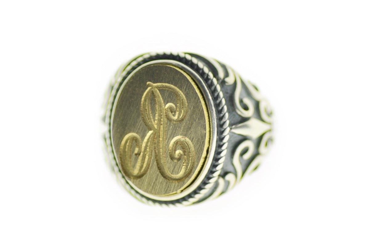 Calligraphy Initial Signet Ring - Backtozero B20 - 1 initial, 1216fleur, 12x16mm, 12x16mm ring, 1initial, accessory, bespoke, Custom, him, Initial, jewelry, Letter, One Initial, oval, oval ring, ring, signet ring, size 10, size 11, size 6, size 7, size 8, size 9, wax seal, wax seal stamp