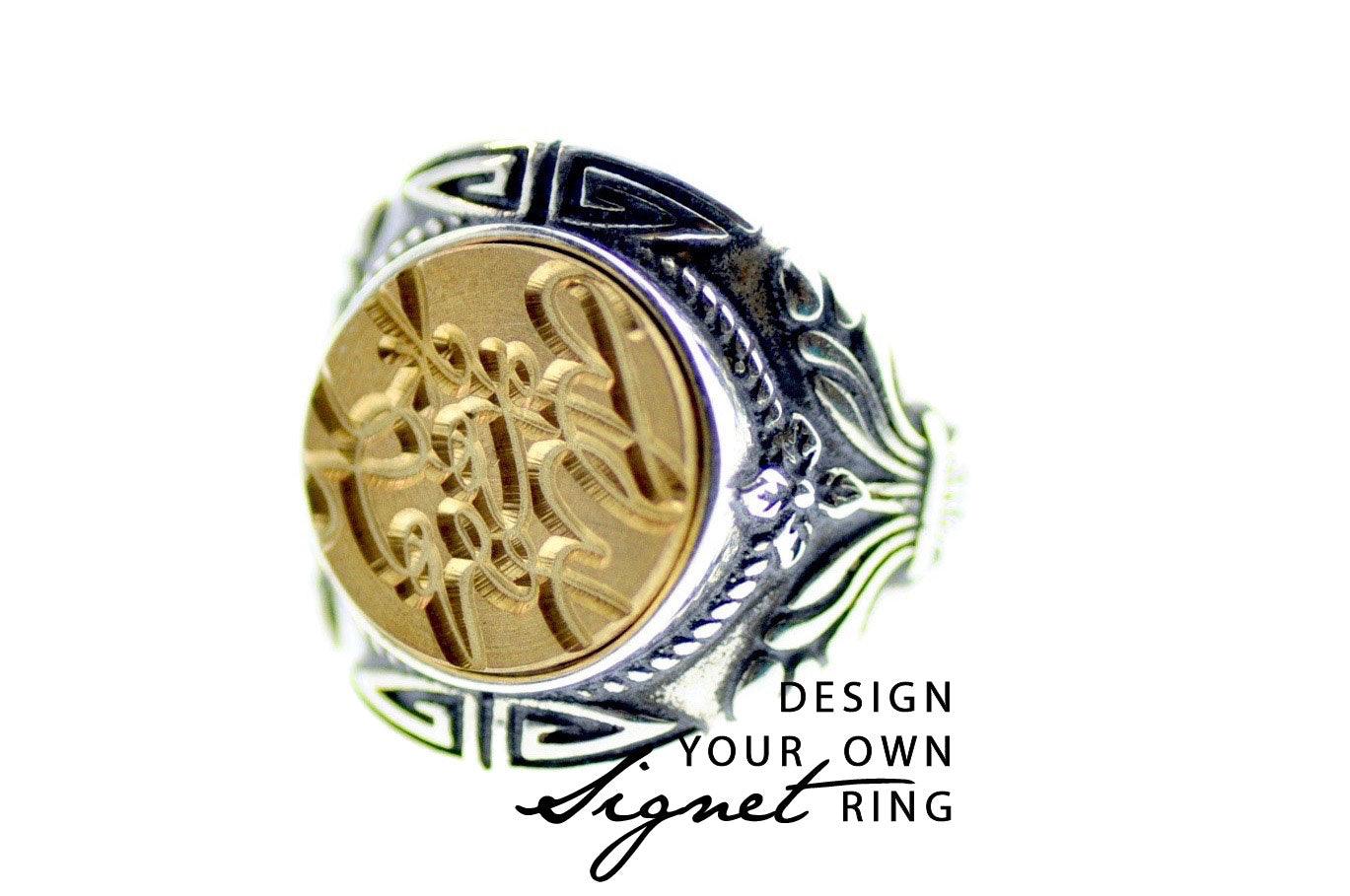 Design your own 14mm Floral Wreath  Signet Ring - Backtozero B20 - 14fw, 14mm, 14mm ring, accessory, bespoke, claw, Custom, customsignet, Decorative, Design Your Own, floral, him, jewelry, logo, ring, signet ring, size 10, size 9, wax seal, wax seal stamp, wreath