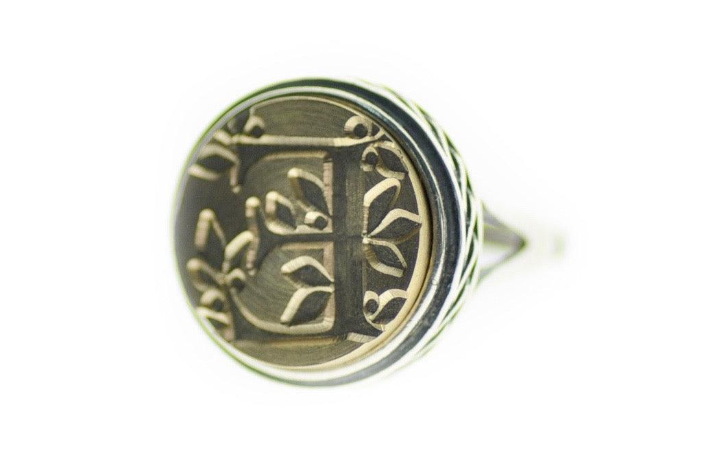 Leafy Initial Signet Ring - Backtozero B20 - 1 initial, 15c, 15mm, 15mm ring, 1initial, accessory, Botanical, Compass, her, Initial, initial ring, jewelry, Leaf, Letter, Nature, One Initial, ring, signet ring, size 10, size 5, size 6, size 7, size 8, size 9, wax seal, wax seal stamp