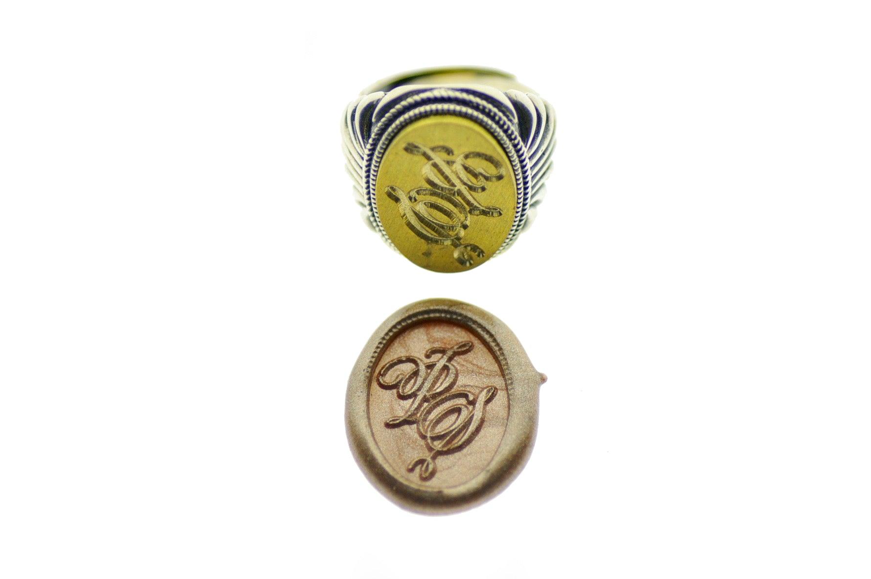 Calligraphy Double Initials Signet Ring - Backtozero B20 - 1520fan, 15x20mm, 2 initials, 2initials_no_and, accessory, bespoke, Custom, custom ring, Double Initials, him, initial ring, jewelry, Monogram, oval, oval ring, Personalized, ring, signet ring, size 10, size 11, size 8, size 9, Two initials, wax seal, wax seal ring