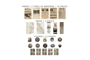 Retro Inspired Material Pack B | Grey - Backtozero B20 - collage, collage material, gray, grey, journalling, material package, paper, scrapbooking, sticker