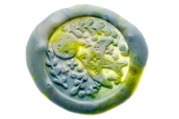 Moonlight Swallow Wax Seal Stamp Designed by Petra - Backtozero B20 - Bird, collaboration, Green, marble, marble wax, metallic, Metallic Green, mixed wax, Signature, signaturehandle, star, swallow