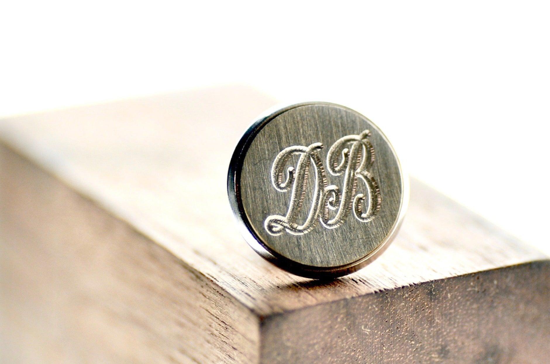 Double Line Initials Signet Pin - Backtozero B20 - 10mm, 12mm, 14mm, 2 initials, 2initials, badge, brass, brooch, Custom, double, Double Initials, him, initial, monogram, Personalized, pin, signet, stainless steel, Two initials, Wedding