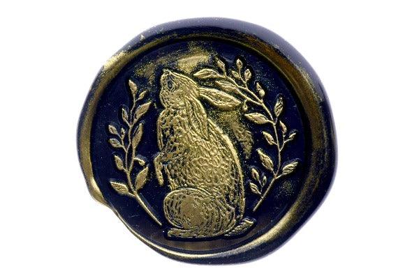 Hare & Wreath Wax Seal Stamp - Backtozero B20 - black, botanic, Botanical, bunny, gold metallic powder, hare, Leaf, Leafs, leaves, metallic powder, Nature, newarrivals, rabbit, Signature, signaturehandle, spring, wreath