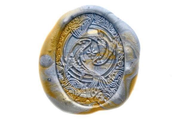 Starburst Zodiac Pisces Wax Seal Stamp - Backtozero B20 - fish, light gold, marble, marble wax, Metallic Blue, nature, oval, Signature, signaturehandle, Silver, starburst, zodiac