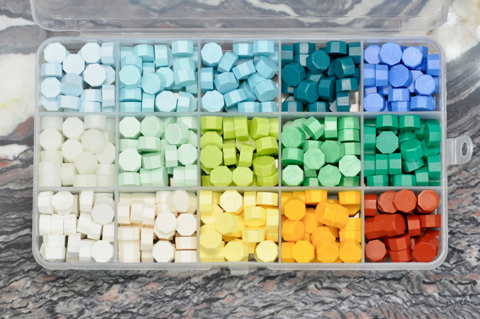 Sealing Wax Beads 15 Grids Palette | Spring Meadow - Backtozero B20 - 15 grid, 15grid, blue, green, newarrivals, octagon bead, palette, pink, red, sealing wax, Wax Beads, White