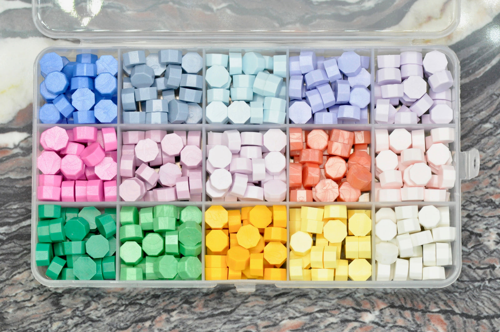 Sealing Wax Beads 15 Grids Palette | Summer Garden - Backtozero B20 - 15 grid, 15grid, Green, Lavender, Light Blue, Metallic Blue, newarrivals, octagon bead, palette, Pastel Blue, Pink, sealing wax, Wax Beads, Yellow