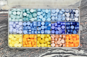 Sealing Wax Beads 15 Grids Palette | Sunset - Backtozero B20 - 15 grid, 15grid, Light Blue, Metallic Blue, newarrivals, octagon bead, Orange, palette, Pastel Blue, sealing wax, Sky Blue, Wax Beads, Yellow