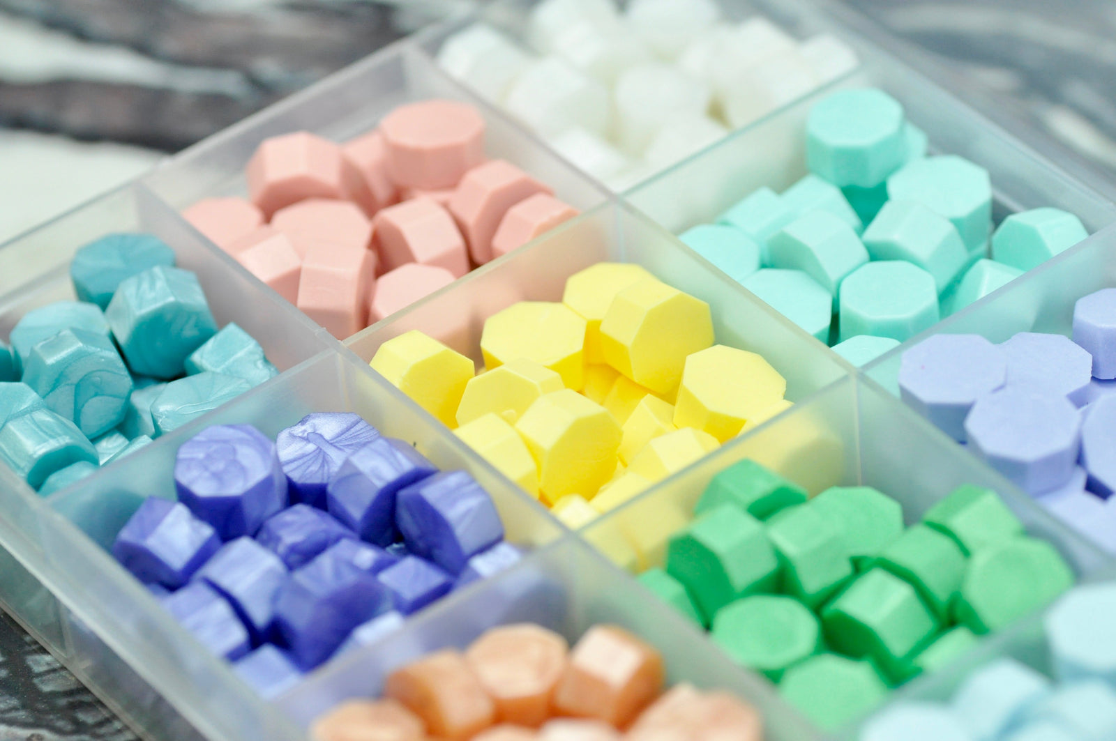 Sealing Wax Beads 15 Grids Palette | Sweet Macaron - Backtozero B20 - 15 grid, 15grid, Lavender, Light Blue, Light Green, light purple, newarrivals, octagon bead, palette, pastel, Pink, sealing wax, Wax Beads