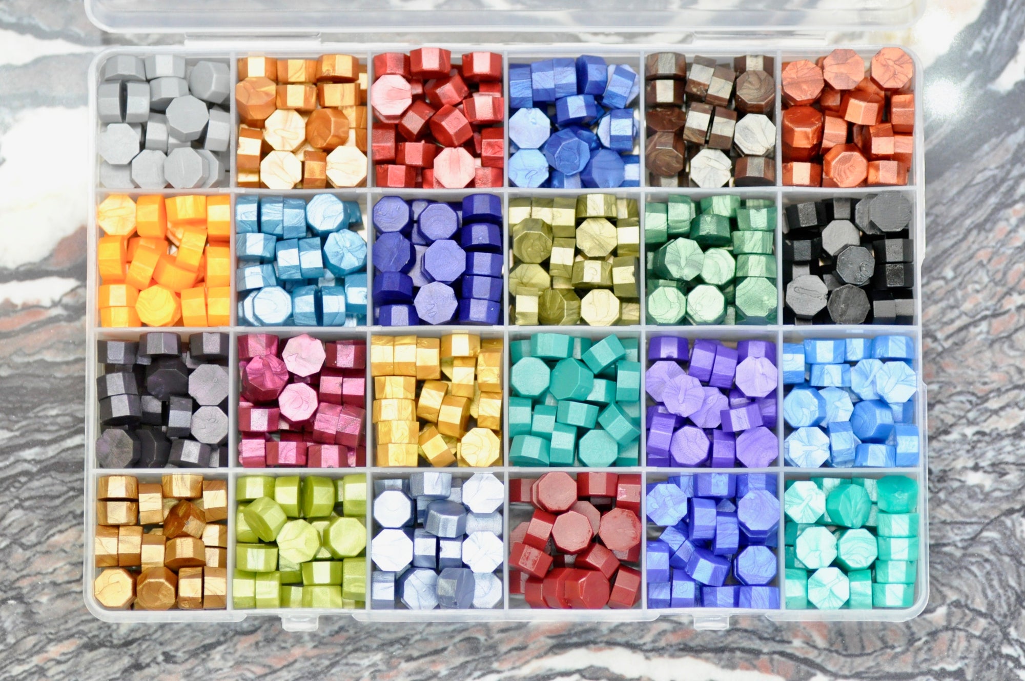 Sealing Wax Beads 24 Grids Palette | City Lights - Backtozero B20 - 24 grid, 24grid, Metallic, Metallic Blue, Metallic Green, metallic purple, Metallic Red, newarrivals, octagon bead, palette, sealing wax, Wax Beads
