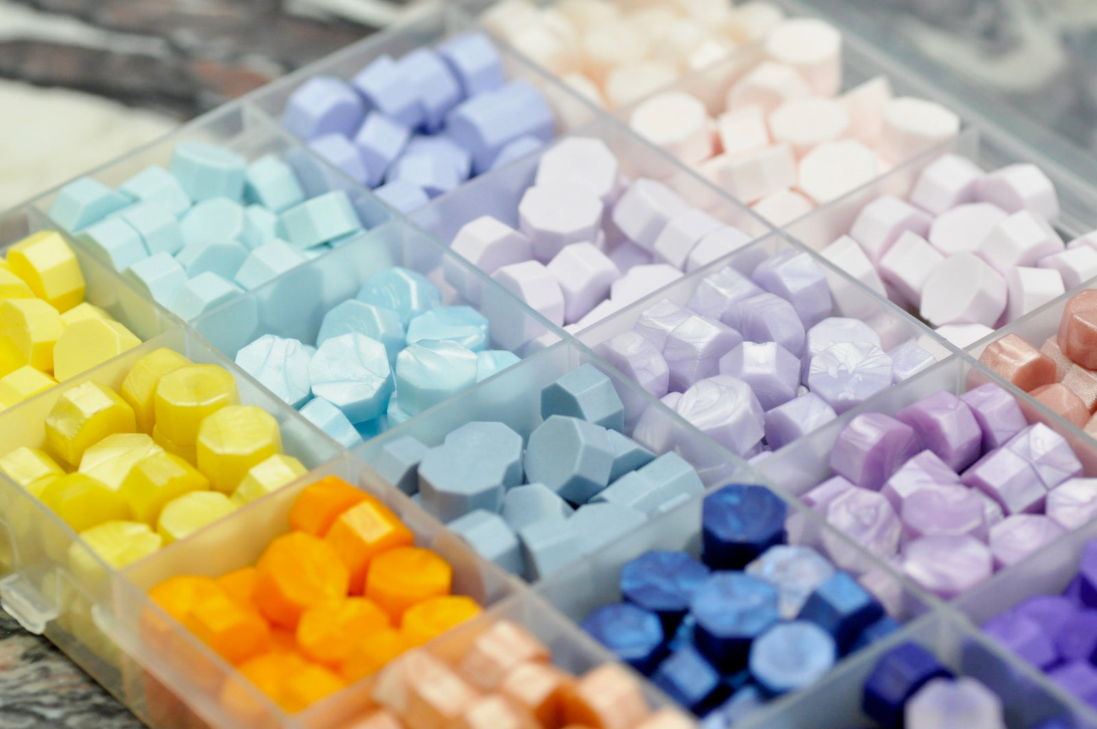 Sealing Wax Beads 24 Grids Palette | Fantasy Clouds - Backtozero B20 - 24 grid, 24grid, blue, Lavender, Metallic, newarrivals, octagon bead, palette, Purple, Red, sealing wax, Wax Beads, Yellow