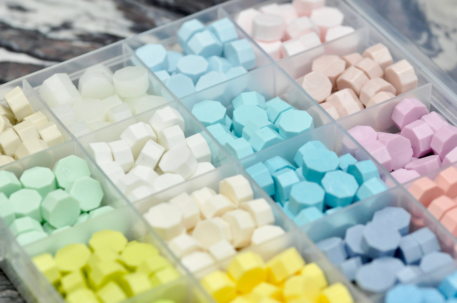 Sealing Wax Beads 24 Grids Palette | Rainbow Sherbet - Backtozero B20 - 24 grid, 24grid, blue, Green, Lavender, Metallic, newarrivals, octagon bead, palette, pastel, Pastel Blue, Pastel Green, Pink, Red, sealing wax, Wax Beads, Yellow