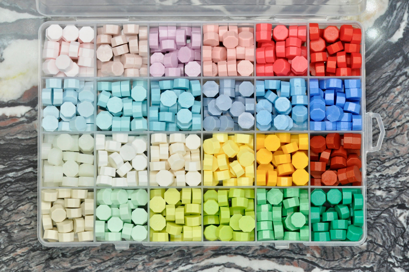 Sealing Wax Beads 24 Grids Palette | Rainbow Sherbet - Backtozero B20 - 24 grid, 24grid, blue, Green, Lavender, Metallic, newarrivals, octagon bead, palette, pastel, Pastel Blue, Pastel Green, Pink, Red, sealing wax, Wax Beads, Yellow