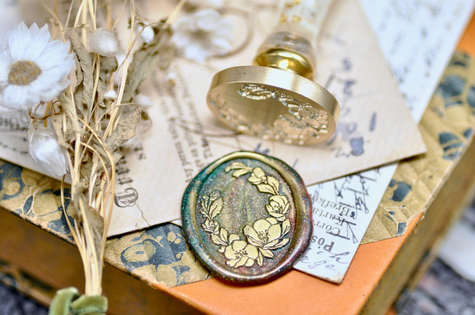 Camellia Oval Wreath Wax Seal Stamp - Backtozero B20 - Botanical, floral, Flower, flowerbird, flowers, Nature, newarrivals, oval, Signature, signaturehandle