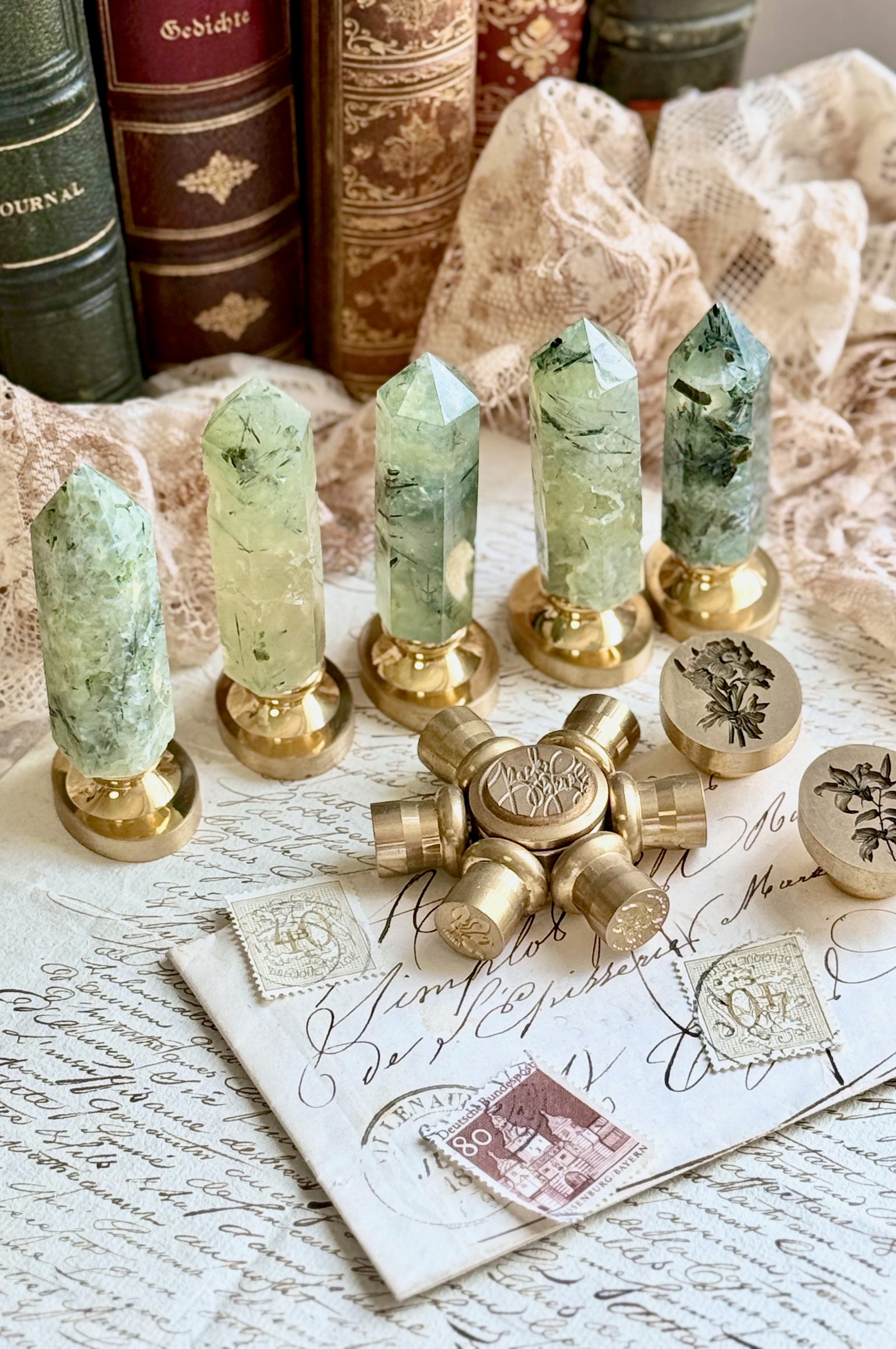 OOAK Prehnite Point Tower Wax Seal Handle