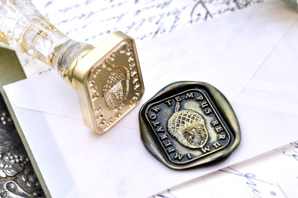 Acorn Latin Motto Wax Seal Stamp - Backtozero B20 - acorn, antique, latin, latin motto, Message, patience, Retro, rounded rectangle, Signature, signaturehandle, time