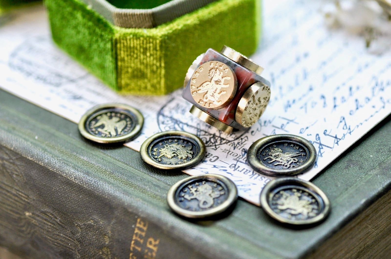 OOAK Latin Motto Cube Wax Seal | African Bloodstone | Dare to Dream - Backtozero B20 - antique, antique inspired, cube, dare, dedication, determination, dream, Eagle, latin, latin motto, Lion, Message, motivation, motto, natural stone, newarrivals, Ox, Retro, sea lion, stone, unicorn