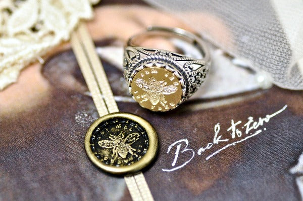 Bee Latin Motto Lace Signet Ring - Backtozero B20 - 12l, 12mm, 12mm ring, 925 Silver, accessory, Bee, effort, her, Intaglio, Intaglio ring, jewelry, lace, signet, size 10, size 7, size 8, size 9, success, wax seal, wax seal ring, wax seal stamp