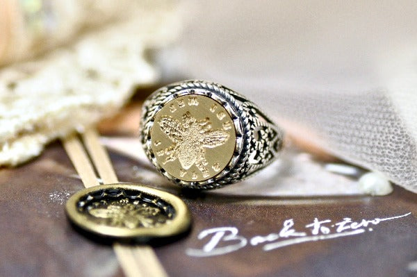 Bee Latin Motto Lace Signet Ring - Backtozero B20 - 12l, 12mm, 12mm ring, 925 Silver, accessory, Bee, effort, her, Intaglio, Intaglio ring, jewelry, lace, signet, size 10, size 7, size 8, size 9, success, wax seal, wax seal ring, wax seal stamp