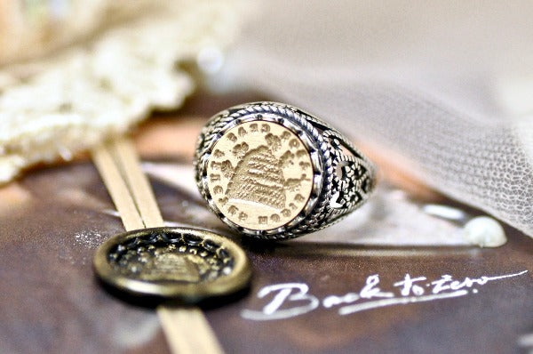 Bee Hive Latin Motto Lace Signet Ring - Backtozero B20 - 12l, 12mm, 12mm ring, 925 Silver, accessory, Bee, hard work, her, hive, Intaglio, Intaglio ring, jewelry, lace, signet, size 10, size 7, size 8, size 9, wax seal, wax seal ring, wax seal stamp, work hard