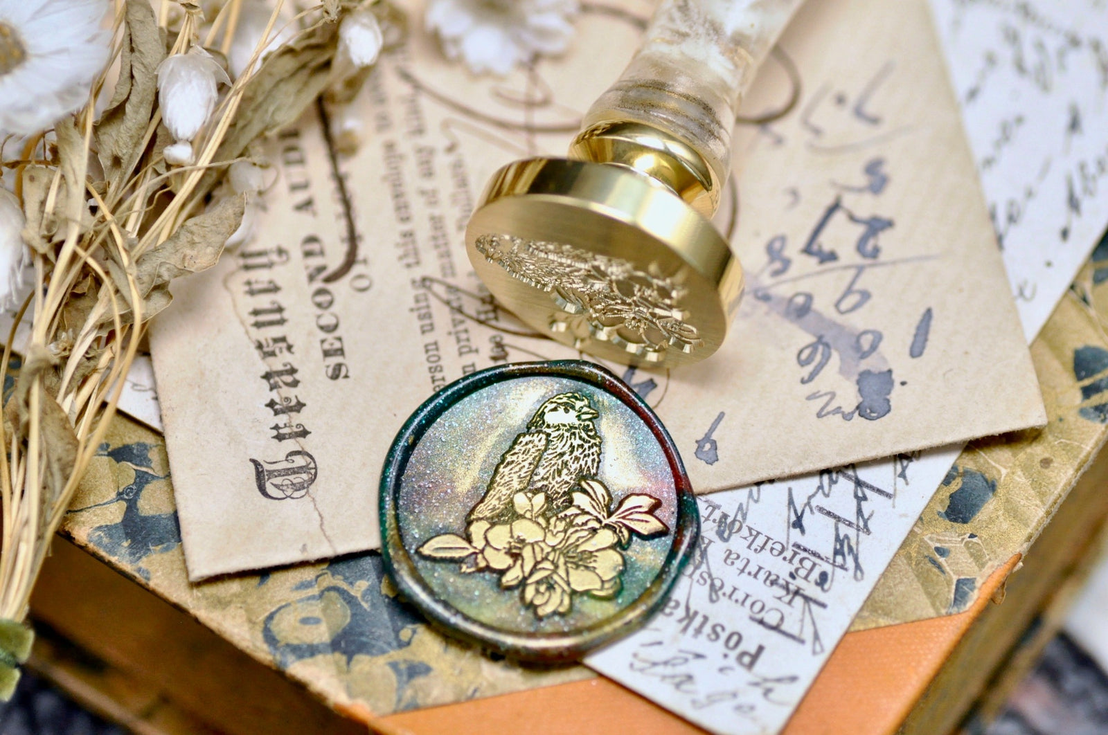 Flower & Bird Double Layer Wax Seal Stamp | Canary - Backtozero B20 - 2 layer, 2 layers, 2 level, 2layer, 2layers, 2level, 2levels, Bird, Botanical, double layer, floral, Flower, flowerbird, flowers, Nature, newarrivals, Signature, signaturehandle