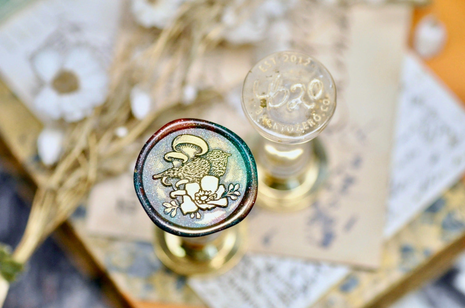 Flower & Bird Double Layer Wax Seal Stamp | Chiffchaff - Backtozero B20 - 2 layer, 2 layers, 2 level, 2layer, 2layers, 2level, 2levels, Bird, Botanical, double layer, floral, Flower, flowerbird, flowers, mushroom, Nature, newarrivals, Signature, signaturehandle