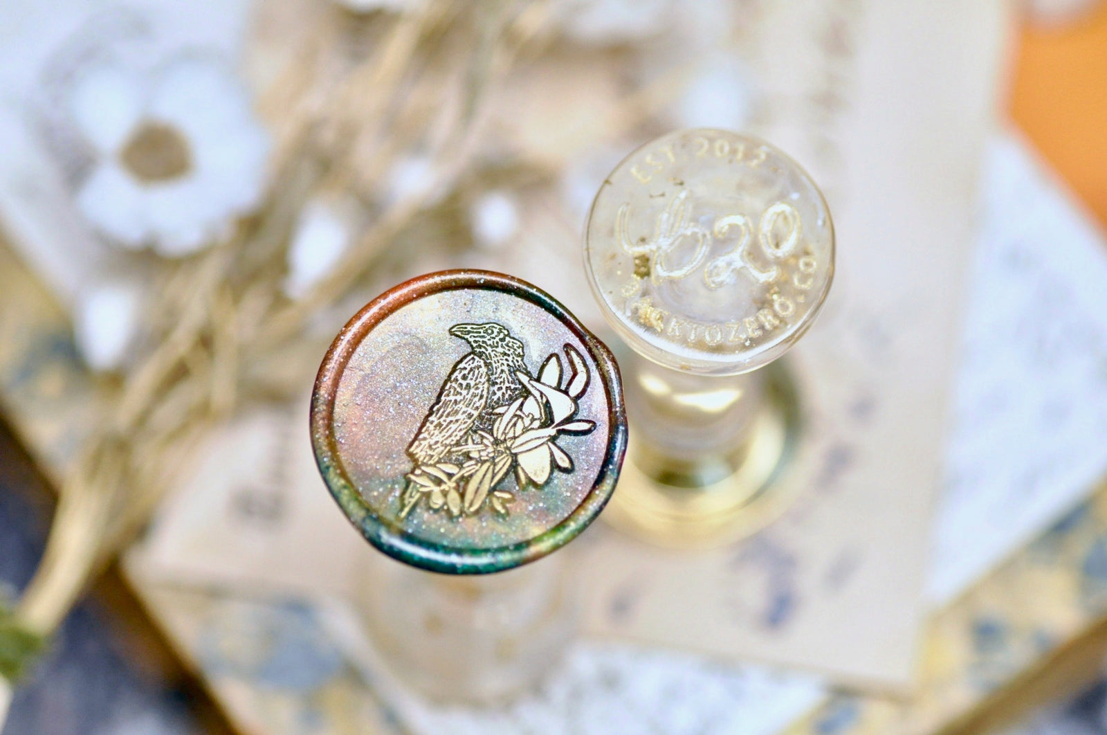 Flower & Bird Double Layer Wax Seal Stamp | Raven - Backtozero B20 - 2 layer, 2 layers, 2 level, 2layer, 2layers, 2level, 2levels, Bird, Botanical, double layer, floral, Flower, flowerbird, flowers, mushroom, Nature, newarrivals, Signature, signaturehandle