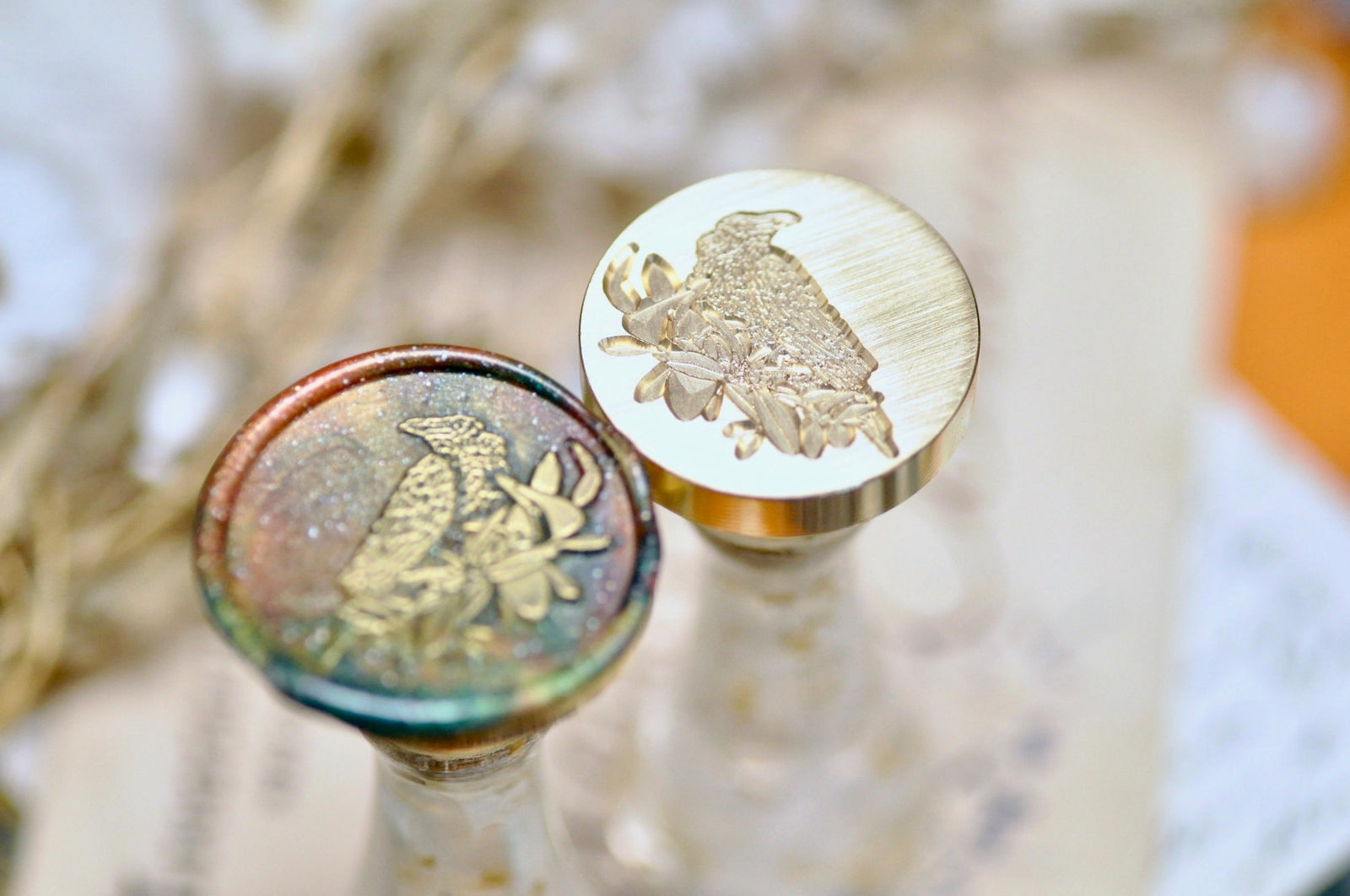 Flower & Bird Double Layer Wax Seal Stamp | Raven - Backtozero B20 - 2 layer, 2 layers, 2 level, 2layer, 2layers, 2level, 2levels, Bird, Botanical, double layer, floral, Flower, flowerbird, flowers, mushroom, Nature, newarrivals, Signature, signaturehandle