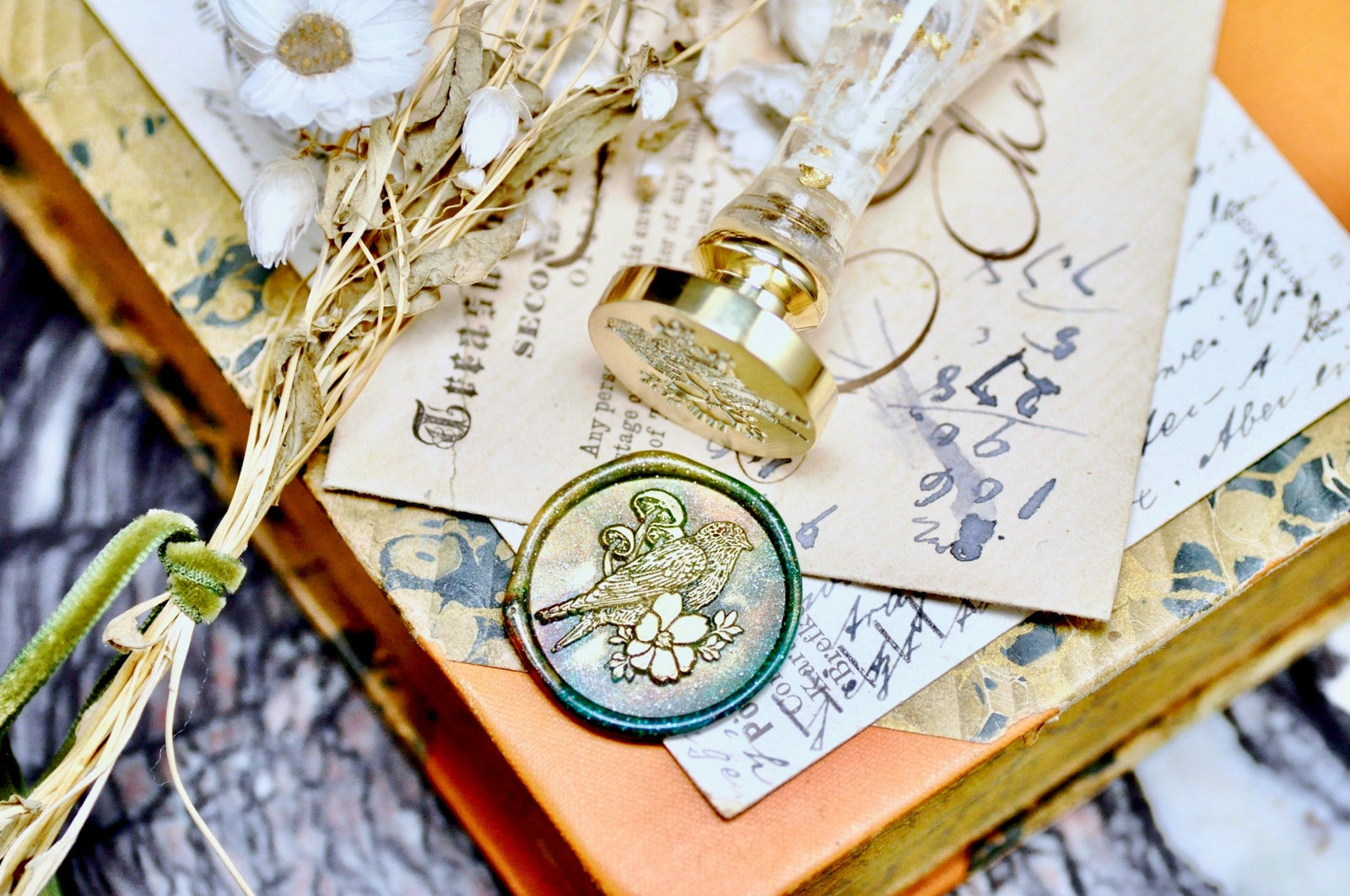 Flower & Bird Double Layer Wax Seal Stamp | Starling - Backtozero B20 - 2 layer, 2 layers, 2 level, 2layer, 2layers, 2level, 2levels, Bird, Botanical, double layer, floral, Flower, flowerbird, flowers, mushroom, Nature, newarrivals, Signature, signaturehandle