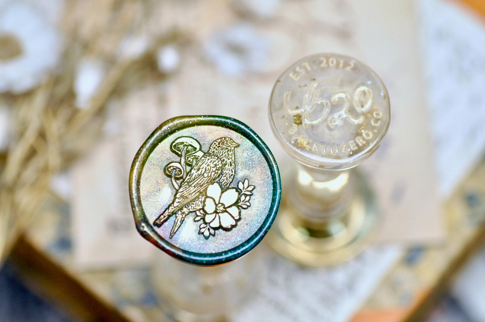 Flower & Bird Double Layer Wax Seal Stamp | Starling - Backtozero B20 - 2 layer, 2 layers, 2 level, 2layer, 2layers, 2level, 2levels, Bird, Botanical, double layer, floral, Flower, flowerbird, flowers, mushroom, Nature, newarrivals, Signature, signaturehandle