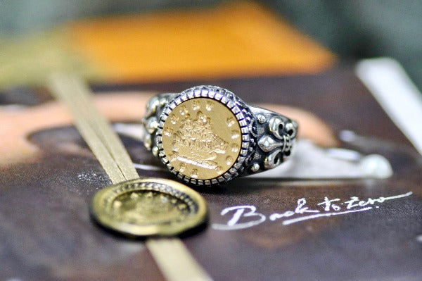 Boat Latin Motto Fleur De Lis Signet Ring - Backtozero B20 - 12f, 12mm, 12mm ring, 925 Silver, accessory, determination, Fleur de Lis, him, Intaglio, Intaglio ring, jewelry, latin, latin motto, Message, motivation, never give up, ring, seal, seal ring, signet, size 10, size 11, size 8, size 9, wax seal, wax seal stamp