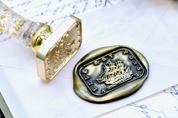 Boat Latin Motto Wax Seal Stamp - Backtozero B20 - antique, determination, latin, latin motto, Message, motivation, Nautical, never give up, Retro, rounded rectangle, Signature, signaturehandle