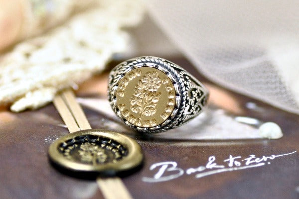 Daisy Latin Motto Lace Signet Ring - Backtozero B20 - 12l, 12mm, 12mm ring, 925 Silver, accessory, Botanical, Flower, her, Intaglio, Intaglio ring, jewelry, lace, patience, signet, size 10, size 7, size 8, size 9, time, wax seal, wax seal ring, wax seal stamp