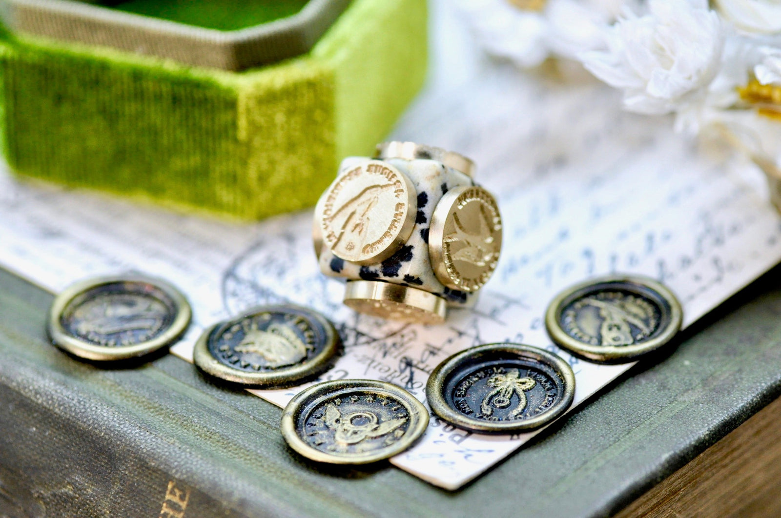 OOAK Latin Motto Cube Wax Seal | Dalmatian Jasper | Hard Work Pays Off - Backtozero B20 - antique, antique inspired, cube, determination, fortune, latin, latin motto, lock, Message, motto, natural stone, newarrivals, pen, positivity, Retro, Squirrel, stone, strength, swallow, wings, wisdom, wishbone