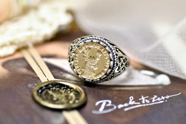 Deer Latin Motto Lace Signet Ring - Backtozero B20 - 12l, 12mm, 12mm ring, 925 Silver, accessory, Animal, dedication, her, Intaglio, Intaglio ring, jewelry, lace, motivation, signet, size 10, size 7, size 8, size 9, wax seal, wax seal ring, wax seal stamp, Woodland Animal