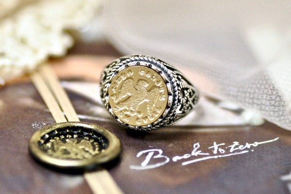 Eagle Latin Motto Lace Signet Ring - Backtozero B20 - 12l, 12mm, 12mm ring, 925 Silver, accessory, Bird, focus, her, Intaglio, Intaglio ring, jewelry, lace, latin motto, signet, size 10, size 7, size 8, size 9, wax seal, wax seal ring, wax seal stamp