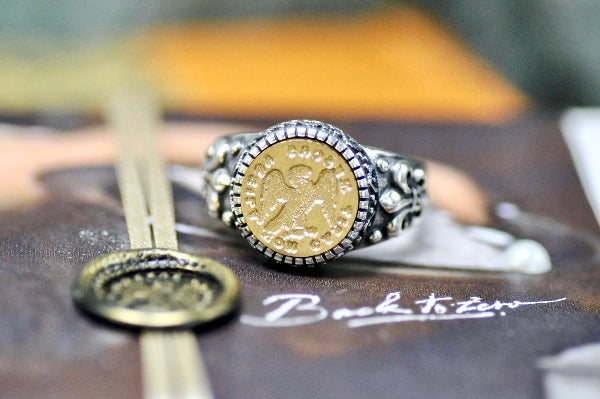 Eagle Latin Motto Fleur De Lis Signet Ring - Backtozero B20 - 12f, 12mm, 12mm ring, 925 Silver, accessory, Bird, Fleur de Lis, focus, him, Intaglio, Intaglio ring, jewelry, latin, latin motto, Message, ring, seal, seal ring, signet, size 10, size 11, size 8, size 9, wax seal, wax seal stamp