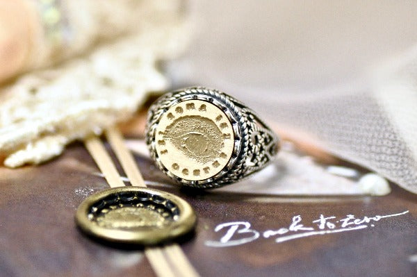 Eye Latin Motto Lace Signet Ring - Backtozero B20 - 12l, 12mm, 12mm ring, 925 Silver, accessory, blind, her, Intaglio, Intaglio ring, jewelry, lace, latin motto, Love, sight, signet, size 10, size 7, size 8, size 9, wax seal, wax seal ring, wax seal stamp