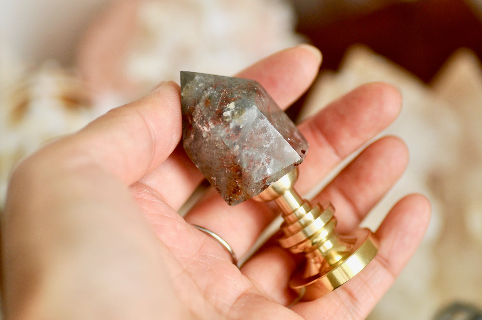 OOAK Green Phantom Quartz Point Tower with Brass Base Wax Seal Handle