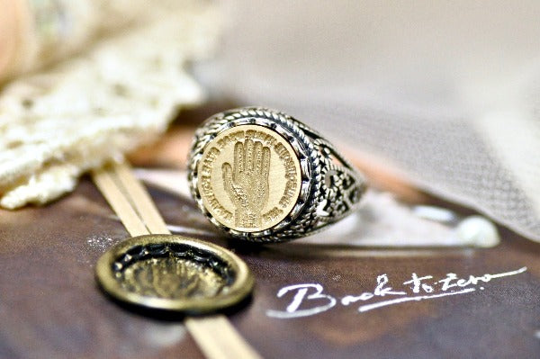 Palm of Hand Latin Motto Lace Signet Ring - Backtozero B20 - 12l, 12mm, 12mm ring, 925 Silver, accessory, destiny, fortune, her, Intaglio, Intaglio ring, jewelry, lace, latin motto, Shamrock, signet, size 10, size 7, size 8, size 9, wax seal, wax seal ring, wax seal stamp