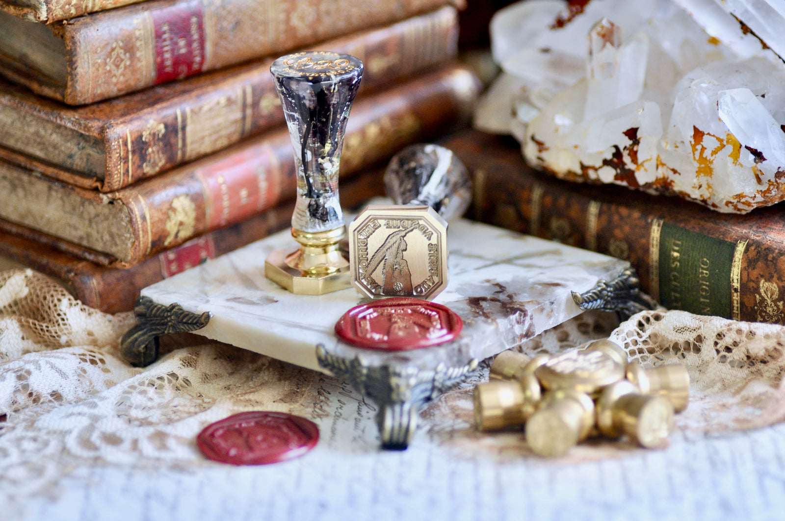 Hand holding Leather Pen Latin Motto Wax Seal Stamp | Wisdom | O